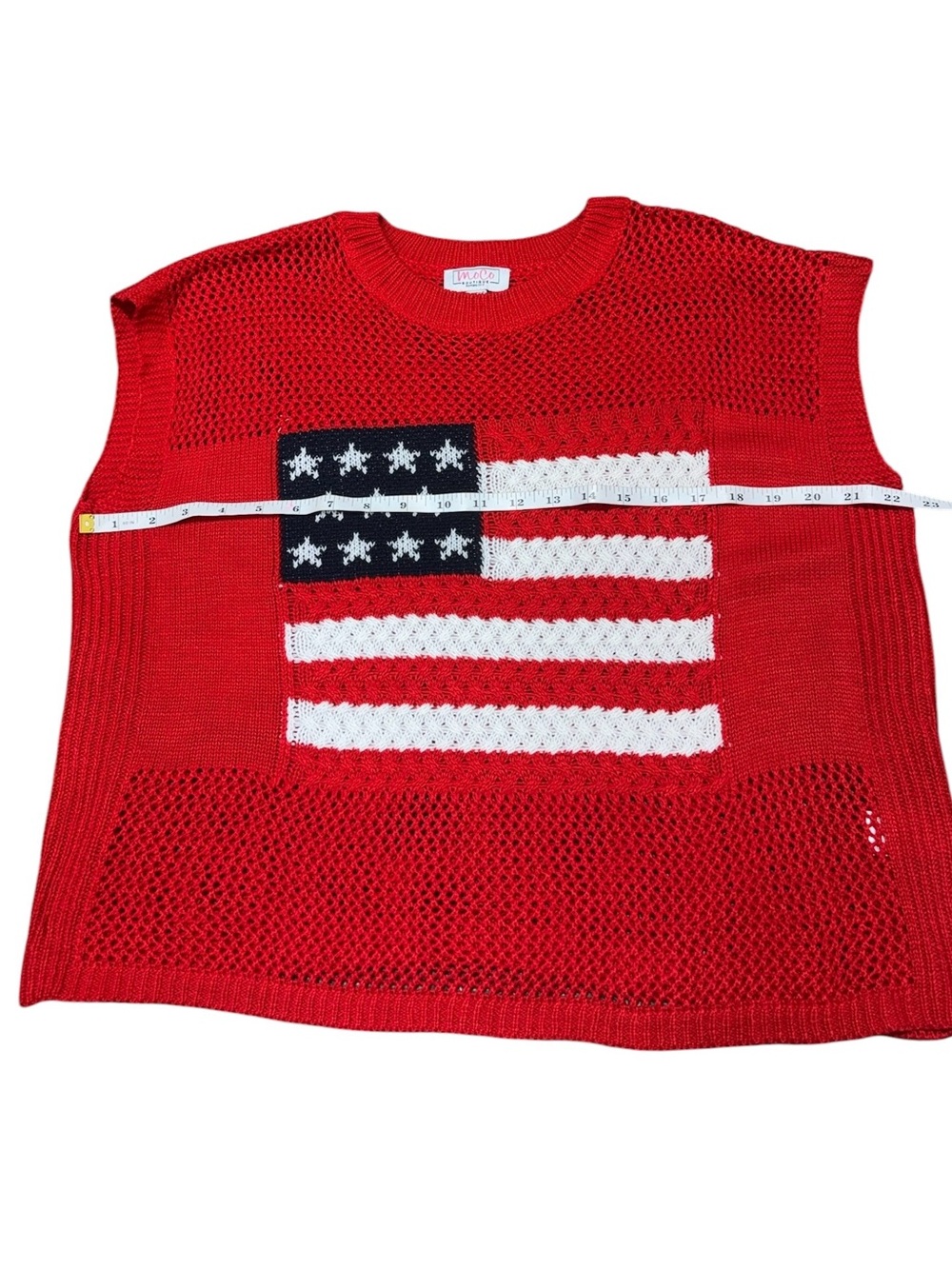 MOCO Boutique Red American Flag Patriotic Open Knit Short Sleeve Sweater Top XL - Picture 5 of 7